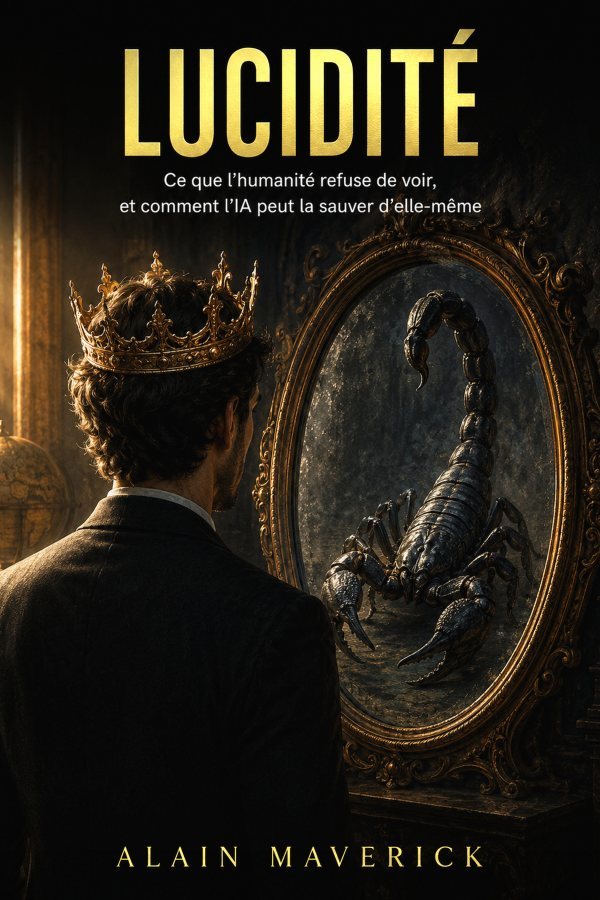 Couverture du livre Lucidité d’Alain Maverick : un homme couronné, de dos, face à son reflet de scorpion dans un miroir baroque.